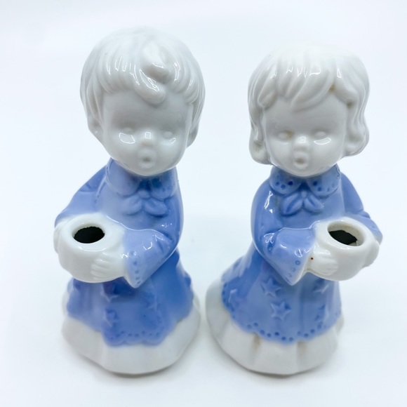Vintage Blue & White Porcelain Angel Candle Holder Set w/ Original Box Taiwan - Picture 7 of 14
